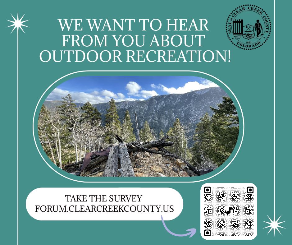 A flyer with a picture of a mountain and a QR code asking people to take a survey about recreation.