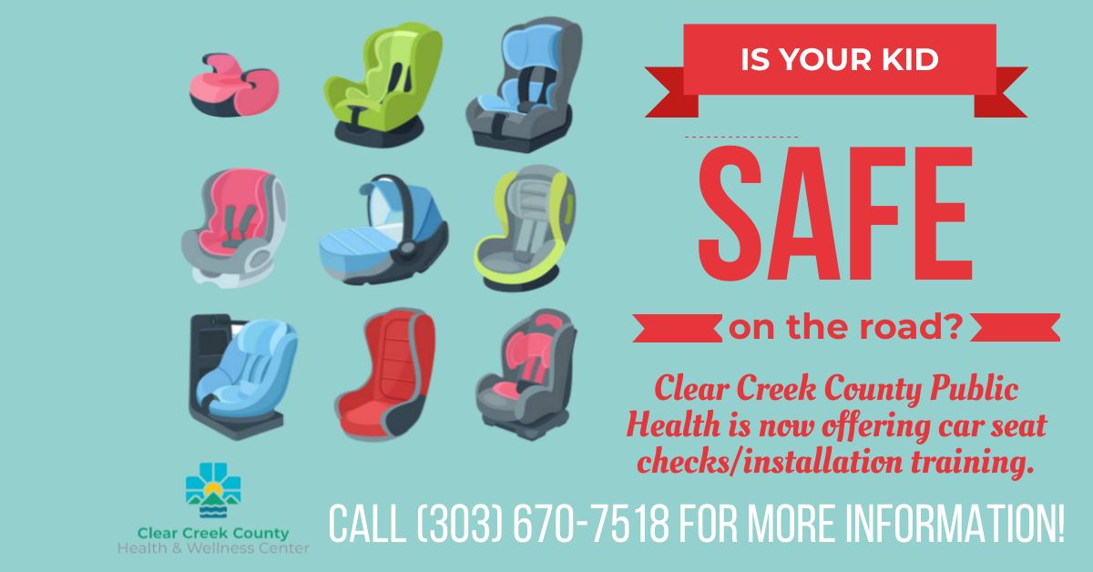 A flyer that depicts different car seats and lists the number 303-670-7518 to get one checked.