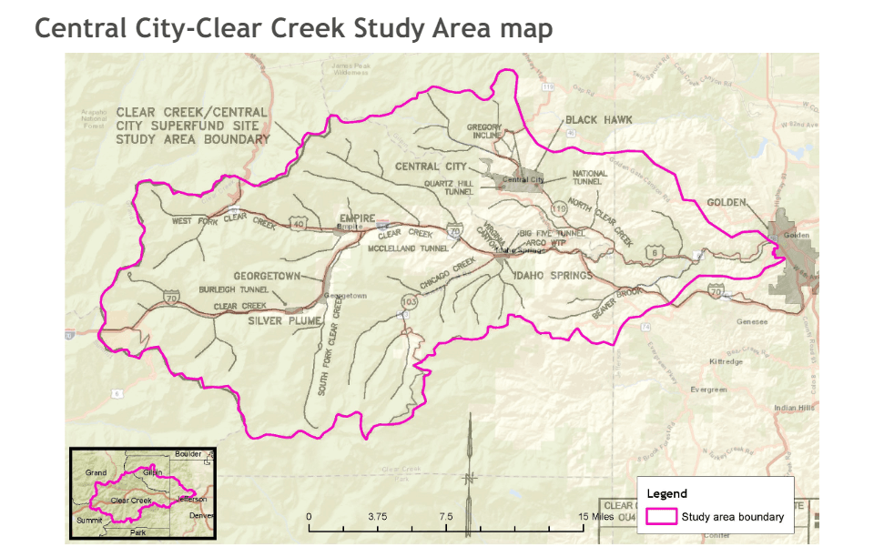 A map that has a pink outline showing where the superfund site is.