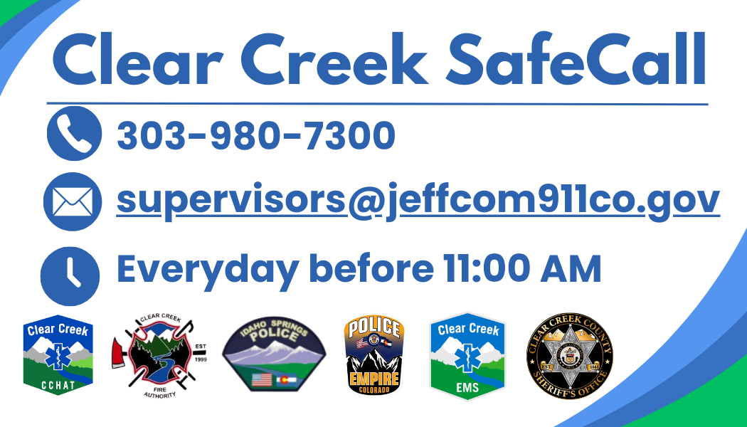 A white and blue card with all of the first responder's logos in Clear Creek County